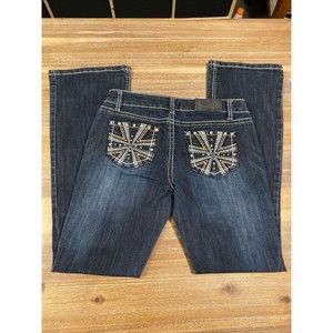 Soundgirl Womens/ Juniors sz 9 Jeans Distressed Bootcut Bling on back pockets.